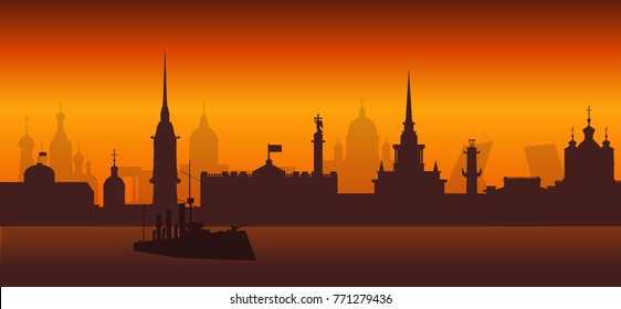 Panorama of Saint Petersburg flat style vector illustration. Petersburg architecture. Cartoon Russia symbols and objects. Night St. Petersburg