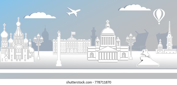 Panorama of Saint Petersburg paper art style vector illustration. Petersburg architecture. Cartoon Russia symbols and objects. Winter St. Petersburg