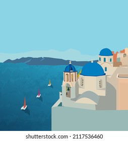 Panorama of Santorini, Greece. White buildings, sea and yachts. Vector flat illustration.