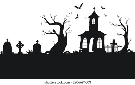 Panorama with scary silhouettes of trees, graves and abandoned buildings. Halloween background. Vector illustration