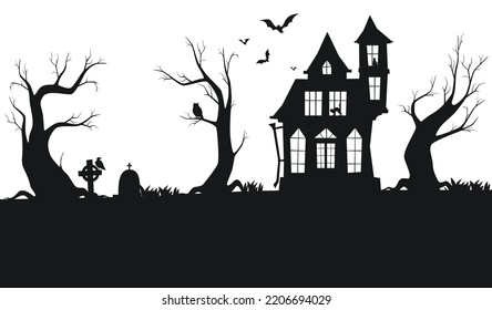 Panorama with scary silhouettes of trees, graves and abandoned buildings. Halloween background. Vector illustration