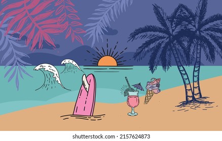 Panorama of sea and beach, vector.