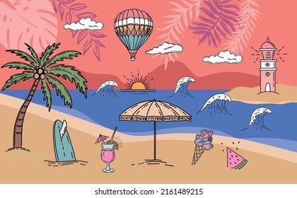 Panorama of sea and beach, vector.