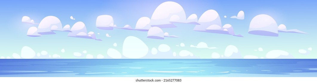 Panorama of sea with calm water surface and clouds in sky. Vector cartoon illustration of panoramic landscape of ocean bay, harbor or lake in daytime. Tropical seascape and marine horizon