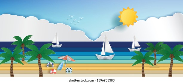 panorama of the sea during the summer holidays. And Paper sailboat sailing on the ocean. And the vast sea. And to travel for vacation. and as origami or paper cut and used as an background.