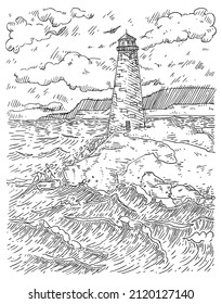 Panorama sea with lighthouse, rocks, cloud. Isolated on white background. Vintage vector black engraving illustration. Hand drawn design