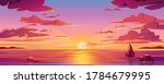 Panorama of sea sunset or ocean sunrise. Vector illustration of water and sky horizon, sun reflection. Dusk or dawn, evening or morning beach landscape. Scenery background or island backdrop