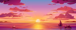 Panorama Of Sea Sunset Or Ocean Sunrise. Vector Illustration Of Water And Sky Horizon, Sun Reflection. Dusk Or Dawn, Evening Or Morning Beach Landscape. Scenery Background Or Island Backdrop