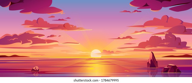 Panorama of sea sunset or ocean sunrise. Vector illustration of water and sky horizon, sun reflection. Dusk or dawn, evening or morning beach landscape. Scenery background or island backdrop - Shutterstock ID 1784679995