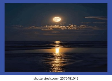 Panorama of sea sunset or ocean sunrise. Vector illustration of water and sky horizon, sun reflection.