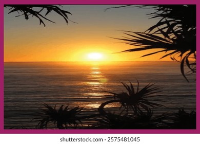 Panorama of sea sunset or ocean sunrise. Vector illustration of water and sky horizon, sun reflection.