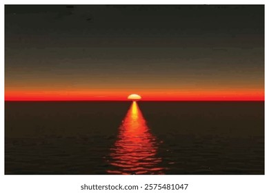 Panorama of sea sunset or ocean sunrise. Vector illustration of water and sky horizon, sun reflection.