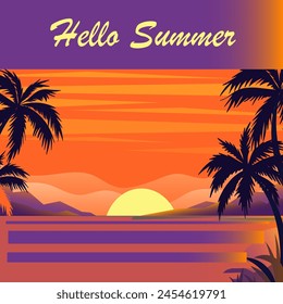 Panorama of sea sunset or sunrise in the ocean. Vector illustration of water and sky horizon, sun reflection. Hello summer. 