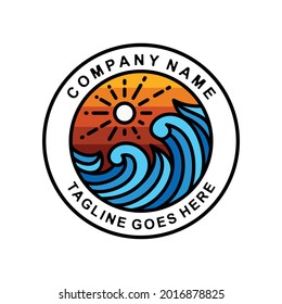Panorama sea wave and sun with line art style .Label Stamp , Badge ,Emblem ,Logo design vector