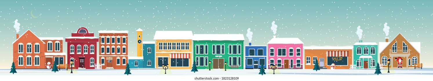 Panorama. Seamless border with the winter city landscape. Snowy day in a cozy city. Winter Christmas village landscape.