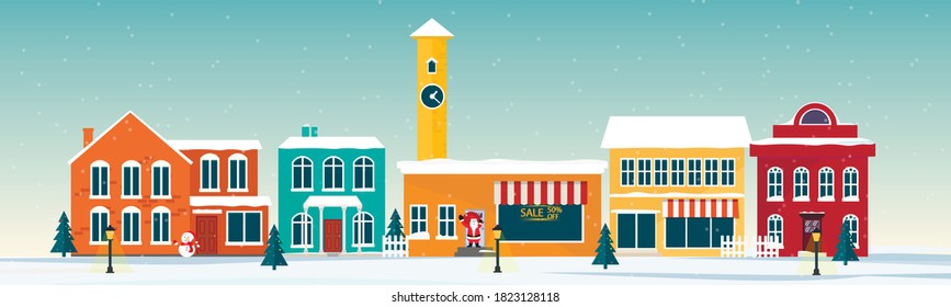 Panorama. Seamless border with the winter city landscape. Snowy day in a cozy city. Winter Christmas village landscape.