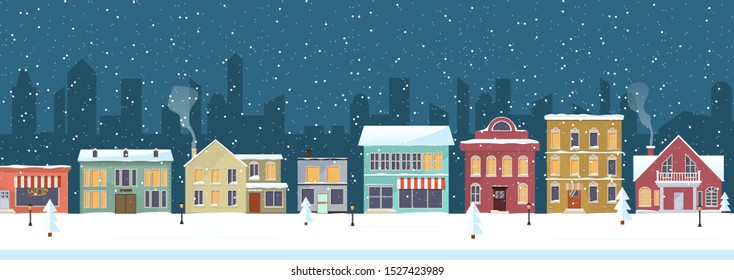 Panorama. Seamless border with winter cityscape. Snowy night in a cozy city. Winter Christmas Village NIGHT landscape.