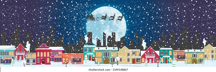 Panorama. Seamless border with winter cityscape. Snowy night in a cozy city. Winter Christmas Village NIGHT landscape.