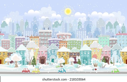 panorama. seamless border with a winter cityscape