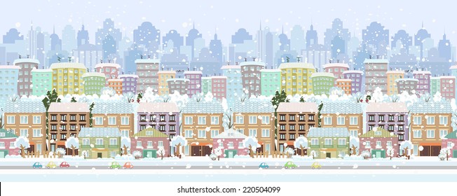 panorama. seamless border with a winter cityscape