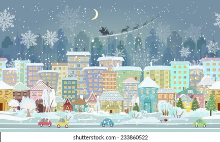 panorama  seamless border and winter cityscape