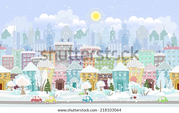 panorama.\
seamless border with a winter\
cityscape