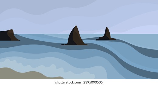 Panorama of the seashore, bay. Flat minimalistic illustration in blue colors. Sharp rocks in the water. Small waves coming to the sandy shore. Dreary ocean coast. Travel to the sea, to the ocean.
