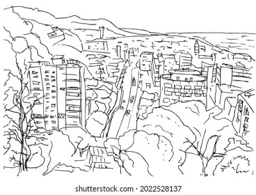 Panorama of the seaside city Calella, view from the lighthouse. Hand made  sketch, vector image. Calella, Catalonia, Spain  