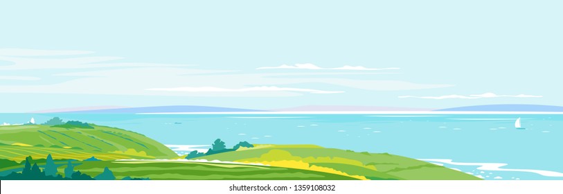 Panorama of the seaside from the coastal hills overgrown with vegetation, agricultural fields, hills and meadows near the sea coast, summer countryside with green hills, rural landscape