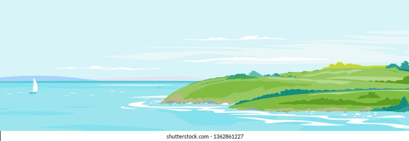 Panorama of the seaside from the coastal hills overgrown with vegetation, hills and meadows near the sea coast, summer countryside with green hills, rural landscape background