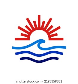 Panorama Sea,Wave,sun.Minimalist elegant logo design.Creative sunset or sunshine and wave logo design.