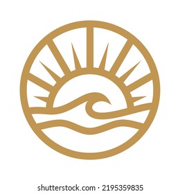 Panorama Sea,Wave,sun.Minimalist elegant logo design.Creative sunset or sunshine and wave logo design.