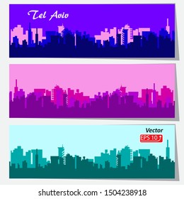 Panorama Set of cityscape backgrounds City Skylines silhouette Tel Aviv Israel green,  pink, violet banners,  isolated on white background vector illustration