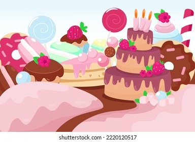 Panorama conjunto de dulces con velas, macarons, donuts, chupetes, muffins al estilo de las caricaturas.