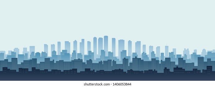 Panorama silhouette city skyline, Cityscape with office building in flat icon design and blue color background