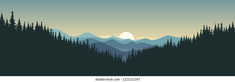 Panorama Silhouette Mountains Landscape Background. Vector