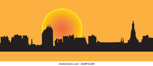 Panorama Silhouette sunset of World famous Wat Arun temple in Bangkok capital city of Thailand hardly to seen ceremony vector illustration EPS 10.