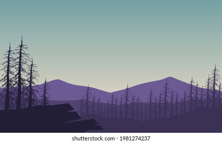 Panorama silhouetted mountains with realistic forest from the outskirts of the city on a bright morning. Vector illustration of a city