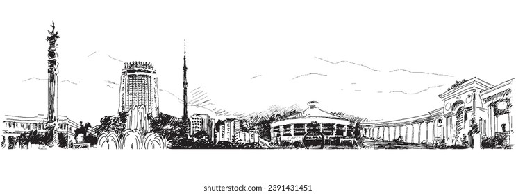 Panorama skyline Almaty city attractions of Kazakhstan, city code. Sketch graphic vector illustration