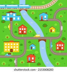 Panorama of small suburban life. Residential buildings, railway station, road with cars on the map. Flat childish illustration of colorful village.