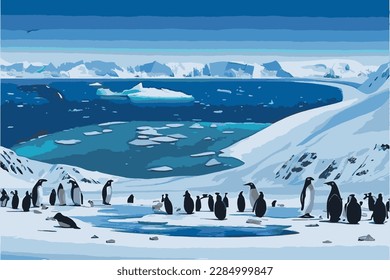 Panorama del Polo Sur. Ilustración vectorial del polo sur ecológico. Pingüinos, hielos