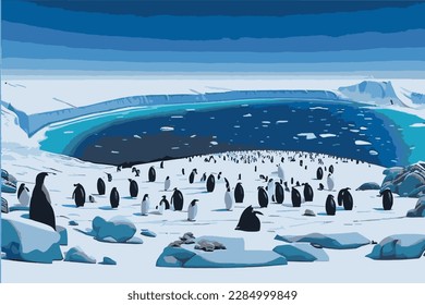 Panorama del Polo Sur. Ilustración vectorial del polo sur ecológico. Pingüinos, hielos