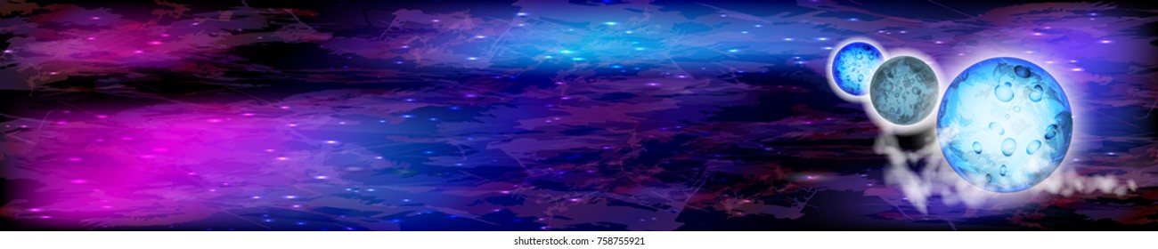 a panorama of space, three planets in a row. illustration for your design. vector horizontal orientation