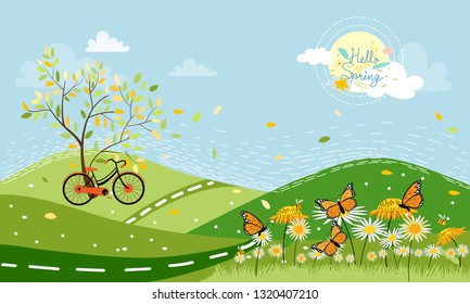 Panorama of Spring field with bike and spring flowers with family butterfly and bee flying,Cartoon spring landscape  mountain with honey Bee collecting pollen on flowers on sunny day,