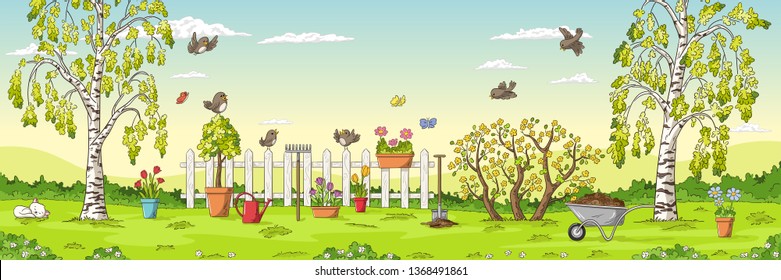 Panorama spring landscape with birds, flowers, trees and gardening tools. 