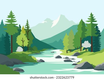 Panorama of spring summer beautiful nature, green grasslands meadow, forest, and river, mountains on horizon background landscape vector illustration