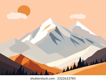 Panorama of spring summer beautiful nature, green grasslands meadow, forest, and river, mountains on horizon background landscape vector illustration