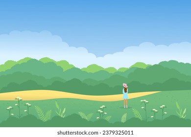 Panorama of spring or summer and beautiful nature, green grasslands, meadow with a woman standing enjoying the natural view. Landscape vector illustration.