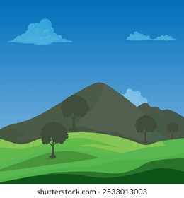 Panorama of spring summer beautiful nature, green grasslands meadow, forest, and mountains on horizon background landscape vector illustration