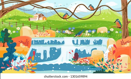 Panorama of spring village with Kingfisher bird standing on branches tree and wild flowers next to waterfall,Vector Summer or Spring landscape,Panoramic countryside landscape grass field and farmhouse